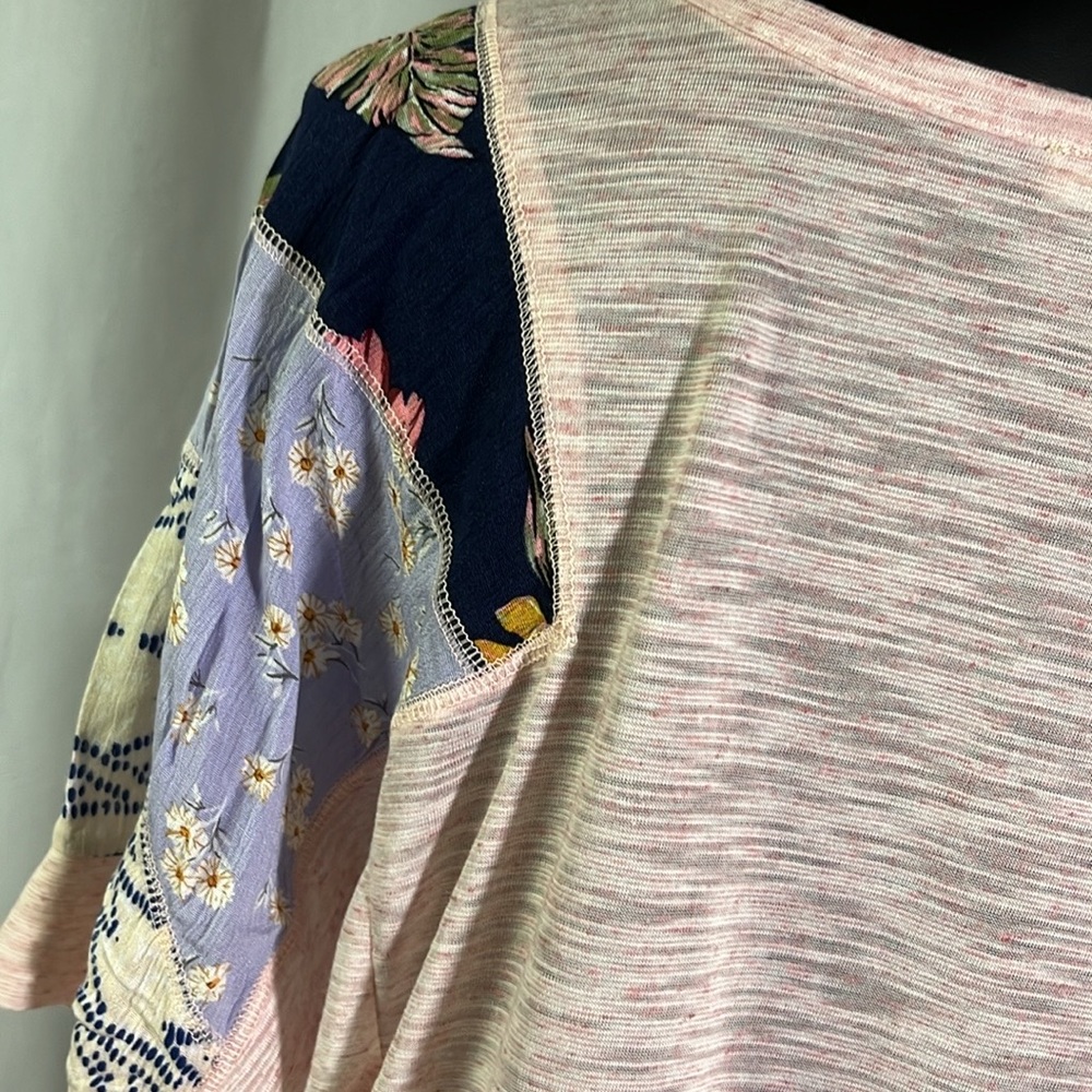 Kori Pink Space Dyed Patchwork Split Neck Oversized Short Sleeve Top - Picture 11 of 16